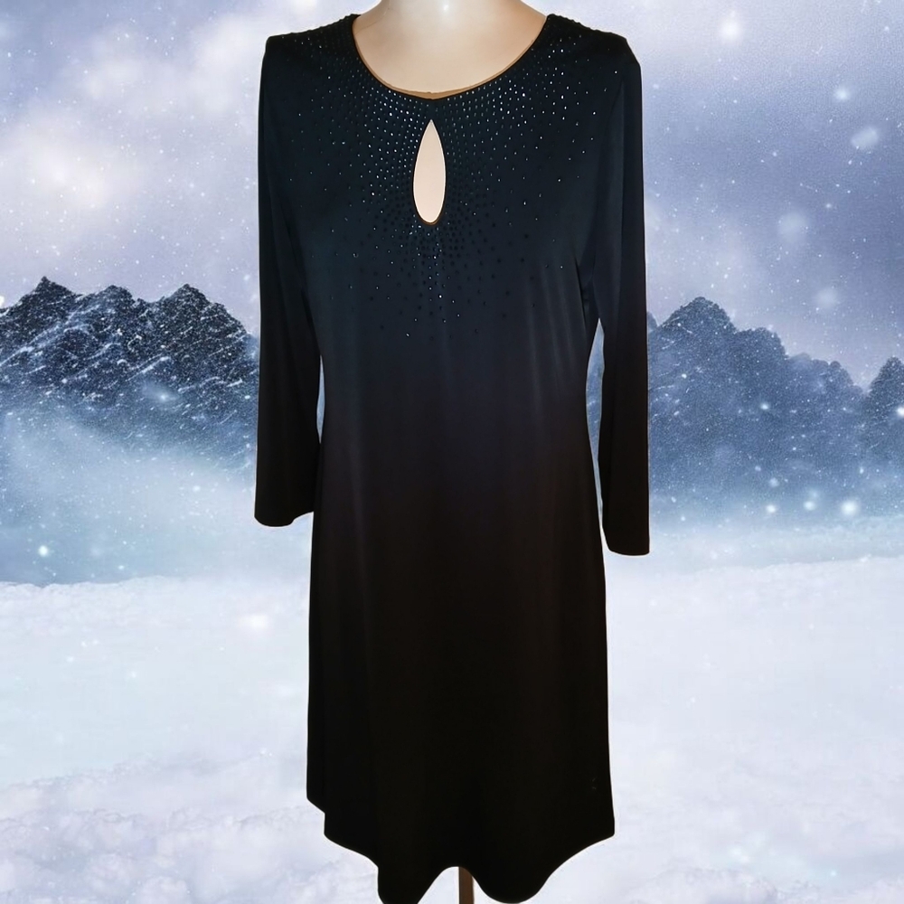 CALVIN KLEIN Black Jersey Dress Keyhole Neckline Studded w Jet Rhinestones Sz 8